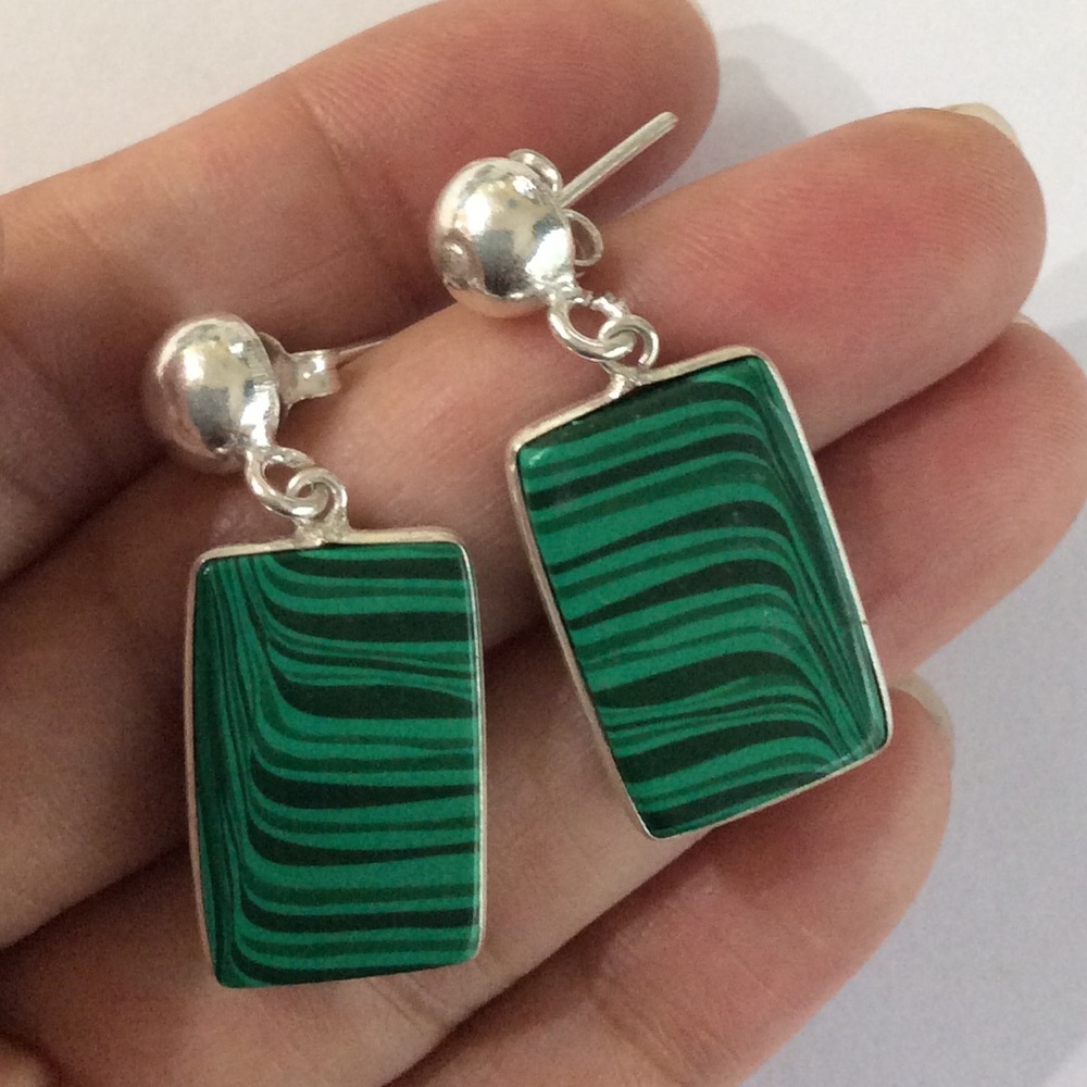 Solid Sterling Silver Malachite Earrings 925 - image 3